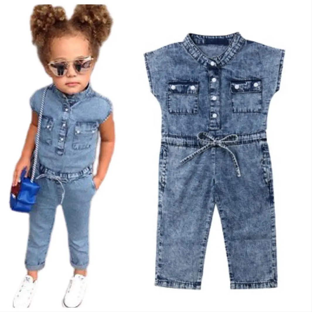 

Ins hot selI popular style girls clothes denim jumpsuit cotton bow pocket short sleeves 2020 kids clothing in wholesale, As pic shows