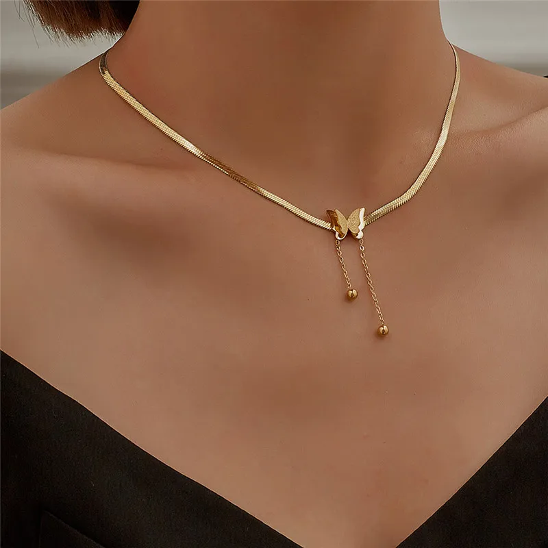 

Hongtong Fashion Heart Choker 18K Gold Snake Bone Chain Stainless Steel Color Preserving Butterfly Necklace, Picture