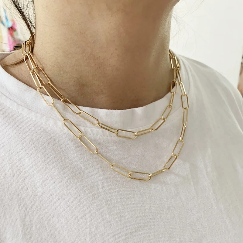 

2020 Hot Sale Simple Linked Metal Chain Double Layered Collarbone Paperclip Chain Necklace For Girls, Gold,rhodium