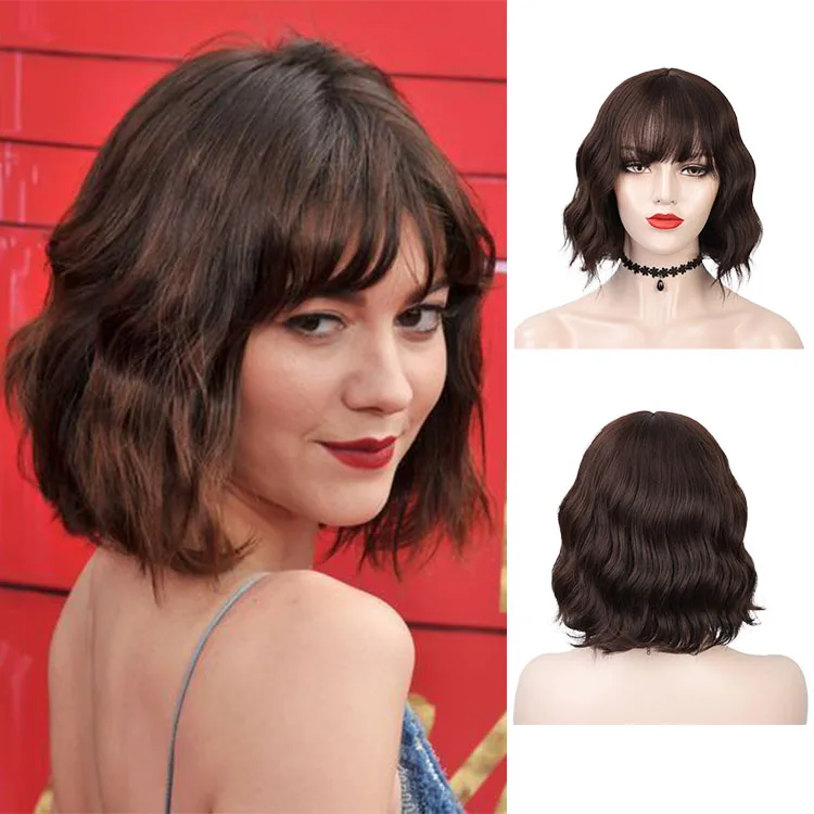 

Vigorous Short Brown Wig Synthetic Wigs with Bangs for Women Purple Water Wave Natural Bob Wigs Heat Resistant False Hair