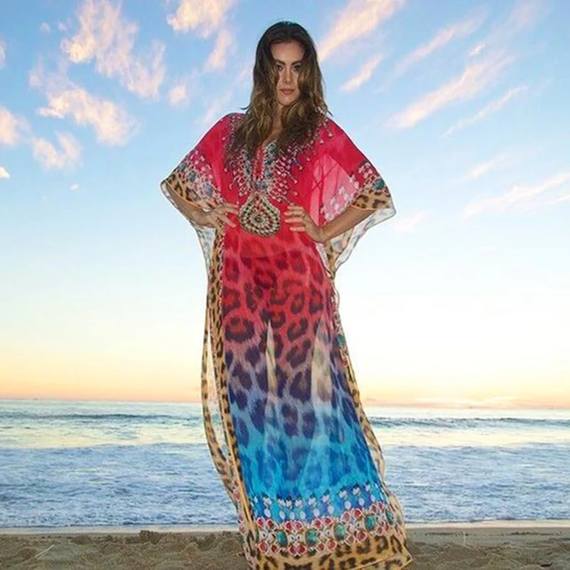 

Stunning Chiffon Leopard Print Short Sleeve V Neck Long Maxi Kaftan Dress Beach Cover Up, Same as photo