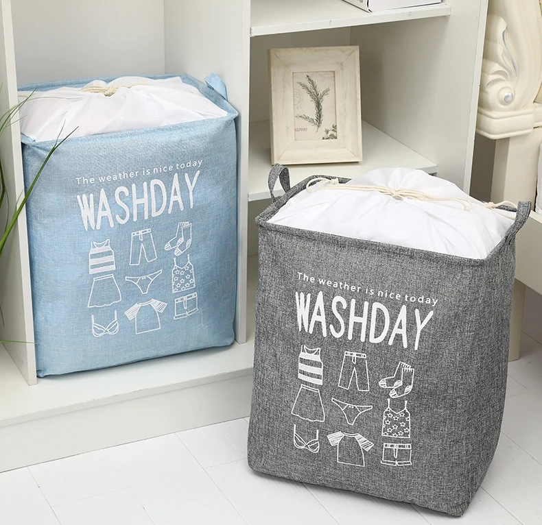 

A2599 Household Large Waterproof Dirty Clothes Bucket Handle Laundry Quilt Storage Drawstring Bag Foldable Storage Basket, As picture