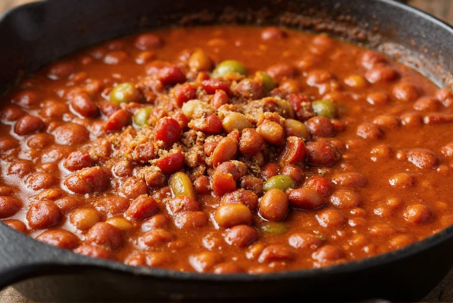 Close-up of vibrant meatless chili in cast iron pot showing beans, tomatoes, and spices