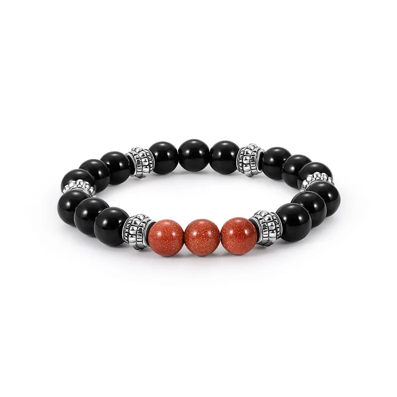 

2021 Mens Hand Accessories Cool Silver Metal Bead Natural Black Lava Stone Bracelet, Black+red
