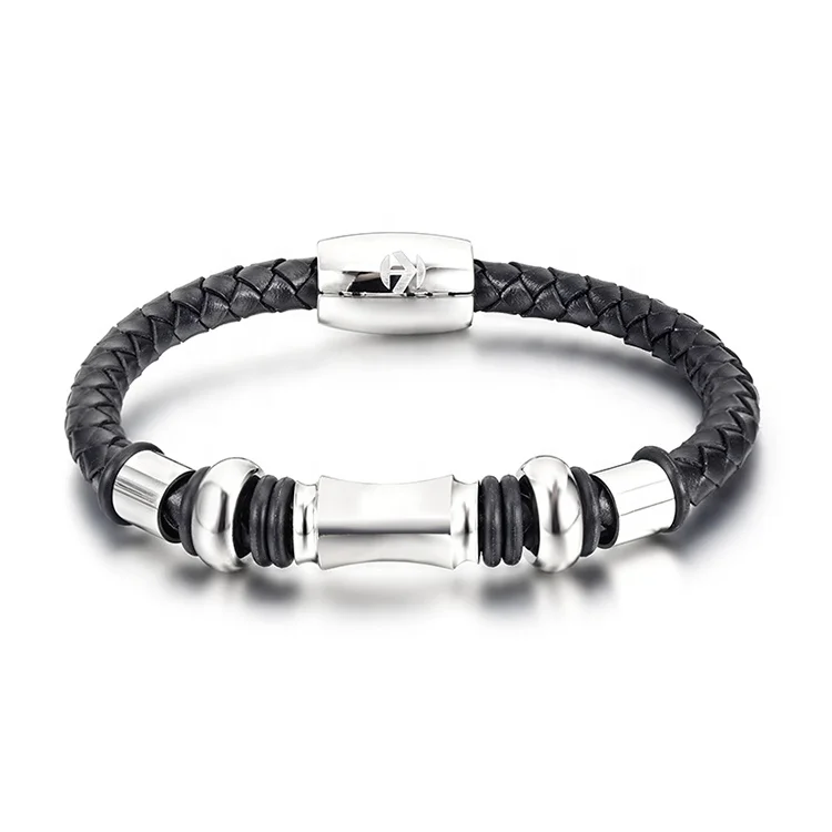 

Wholesale Luxury Jewelry Stainless Steel Magnetic Clasps Braided Black Leather Bracelet Men