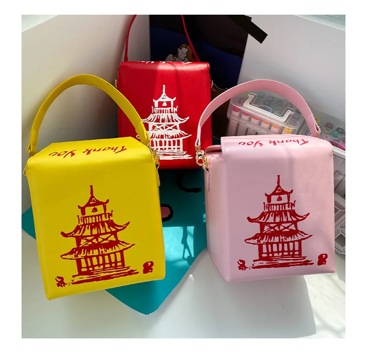 

Trending Bucket Handbag fashion Chinese style pu chains messenger bag personality red iron tower printing shoulder hand bag