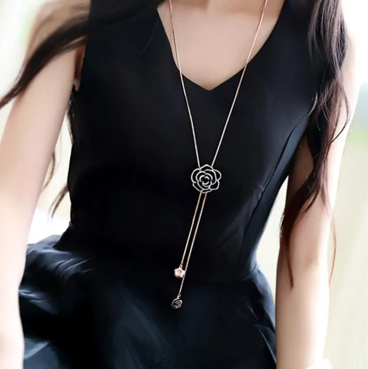 

new statement black crystal rose flower pendant necklace
