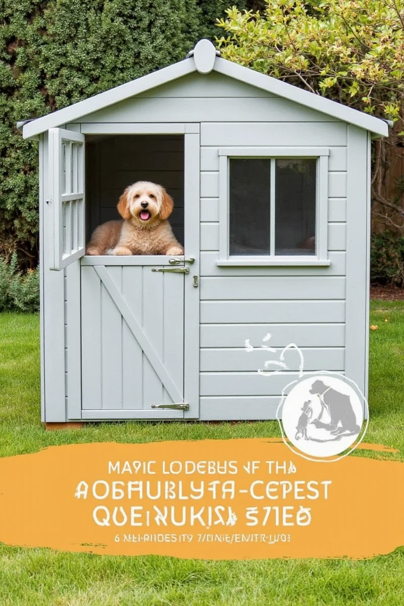 Golden retriever relaxing inside a cozy garden shed with a blanket and toys.