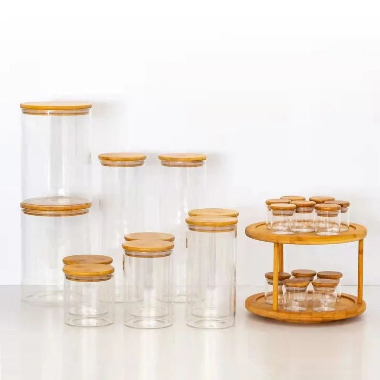 

kitchen Food Storage glass jar with bamboo wood lid Glass Jar with lid container, Transparent