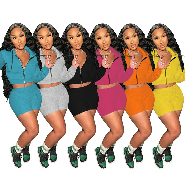 

2021 Ladies Two Piece Jogging Tracksuit Zipper Hoodie Summer Workout 2 Piece Shorts Set For Women, Picture shown