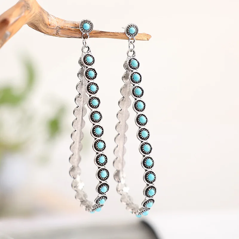 

Hollow Large Big Earring Bohemian Navajo Western Long Water Drop Turquoise Earrings For Woman