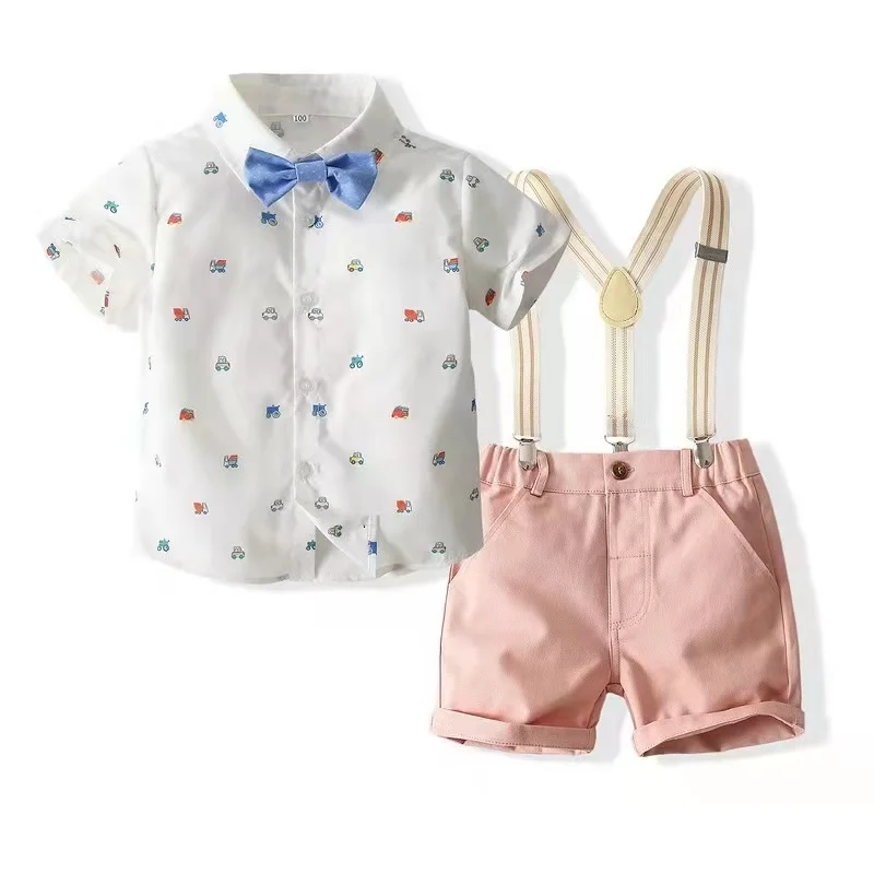 

2021 New fashion boys clothes white Bow shirt and pink Overalls Two-piece boys clothing sets free shippings items for kids