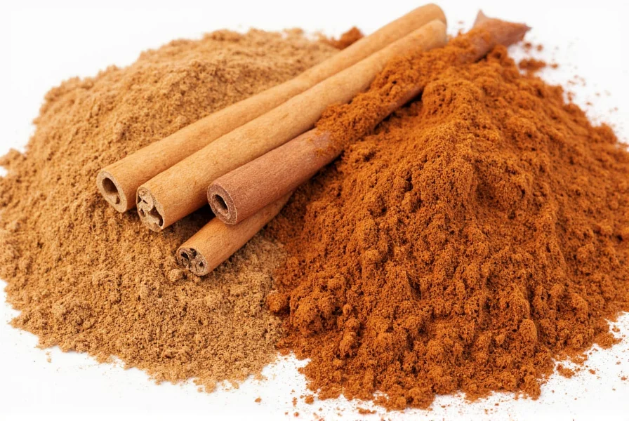 Close-up of Ceylon cinnamon sticks versus Cassia cinnamon powder showing visual differences between the two types