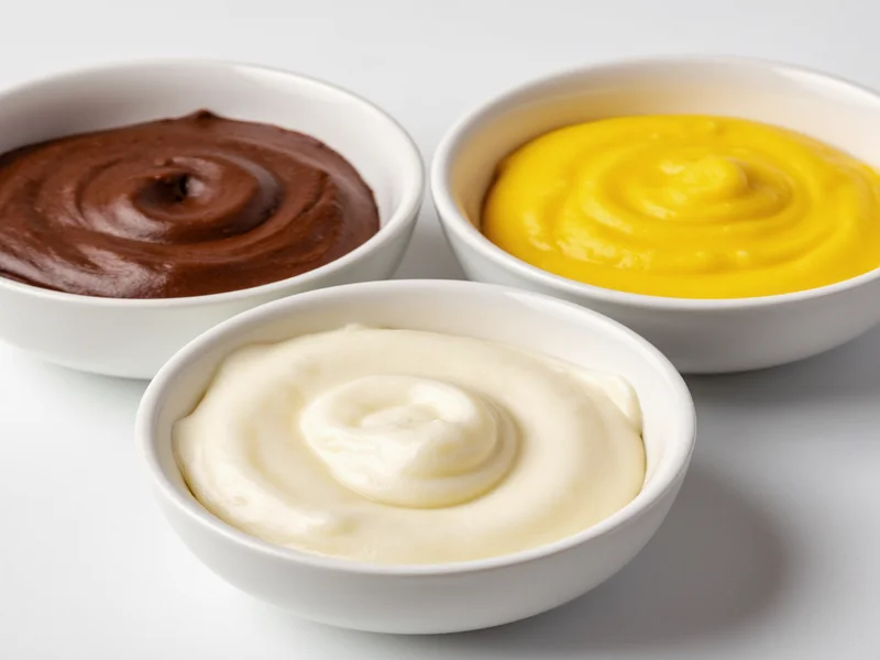 Three bowls of homemade icing in chocolate, lemon, and vanilla flavors