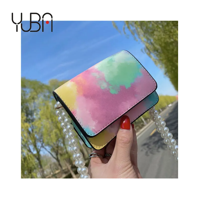 

Gradient rainbow purses and handbags 2021 girls trend pearl chain single shoulder Messenger hand bag, Customizable