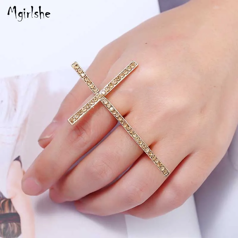 

Mgirlshe Europe and America Popular Gold Blingbling Cross Two Finger Ring Wholesale Gift Items Cheap Fashion Jewelry Women Ring