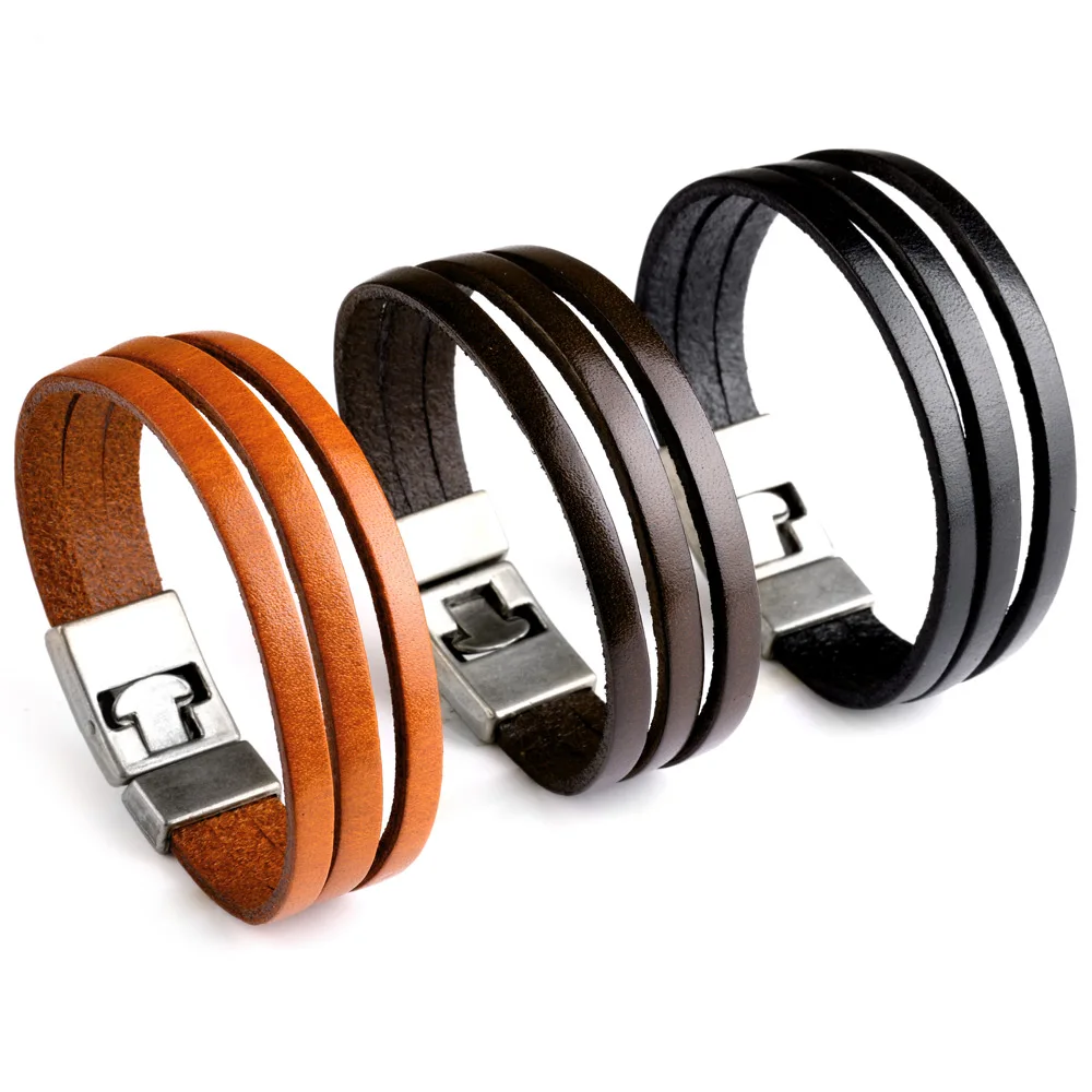 

Wholesale 3 Layer Genuine Leather Alloy Buckle Clasp Men Jewelry Bracelets