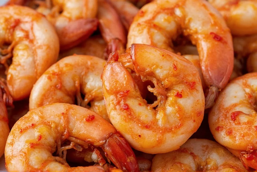 Chili garlic shrimp dish with visible garlic pieces and red sauce coating succulent shrimp