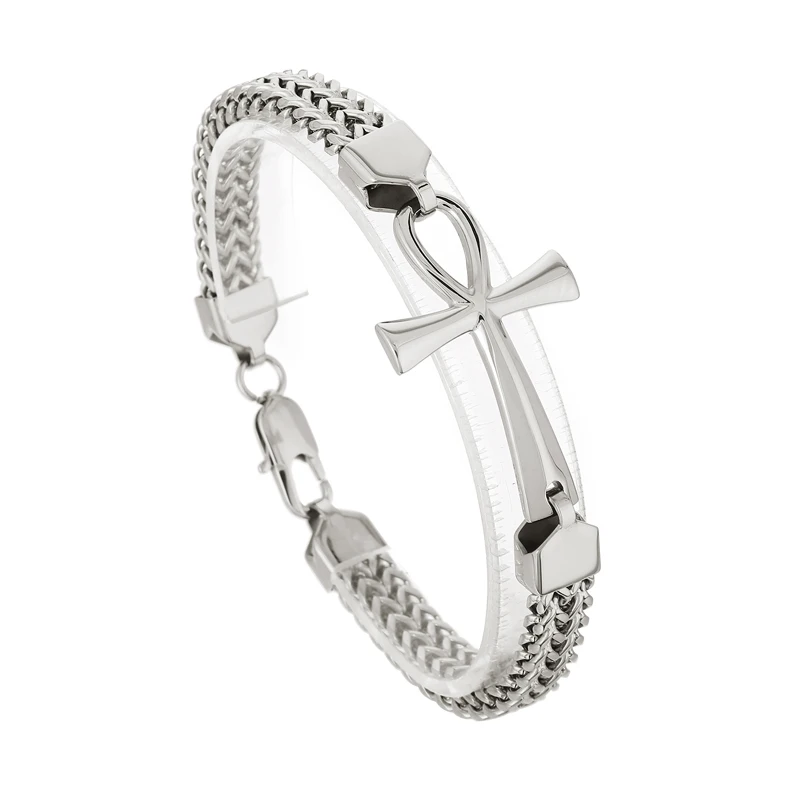 KALEN 220mm Fashion Stainless Steel Egyptian Ankh Charm Herringbone Chain Bracelets