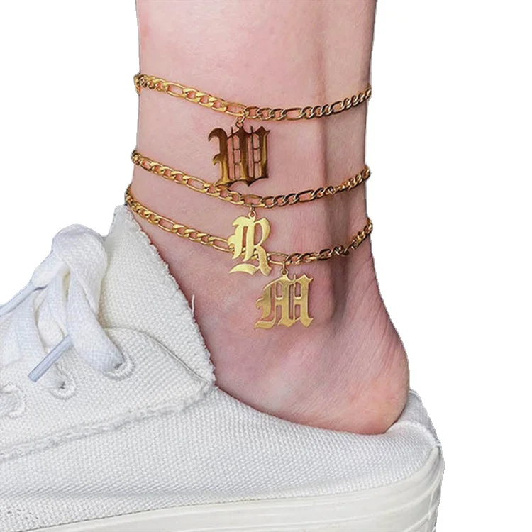 

2021 Private custom Cuban Link Women's Anklet 316L Stainless Steel Old English alphabet Anklet 18K Gold Plated Foot Jewe, Gold color/rose gold/steel