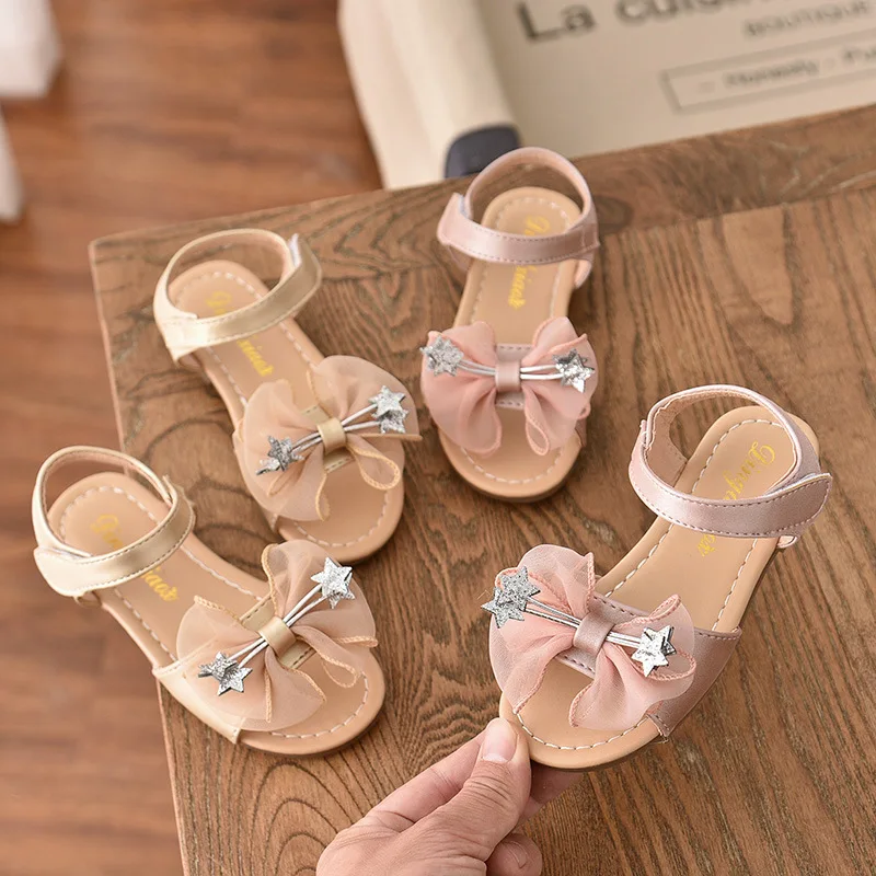 

New Summer Kids Girls Shoes 2020 Fashion Leathers Children star bow Sandals Sweet Toddler Baby Anti-slip Bow Shoes, As picture