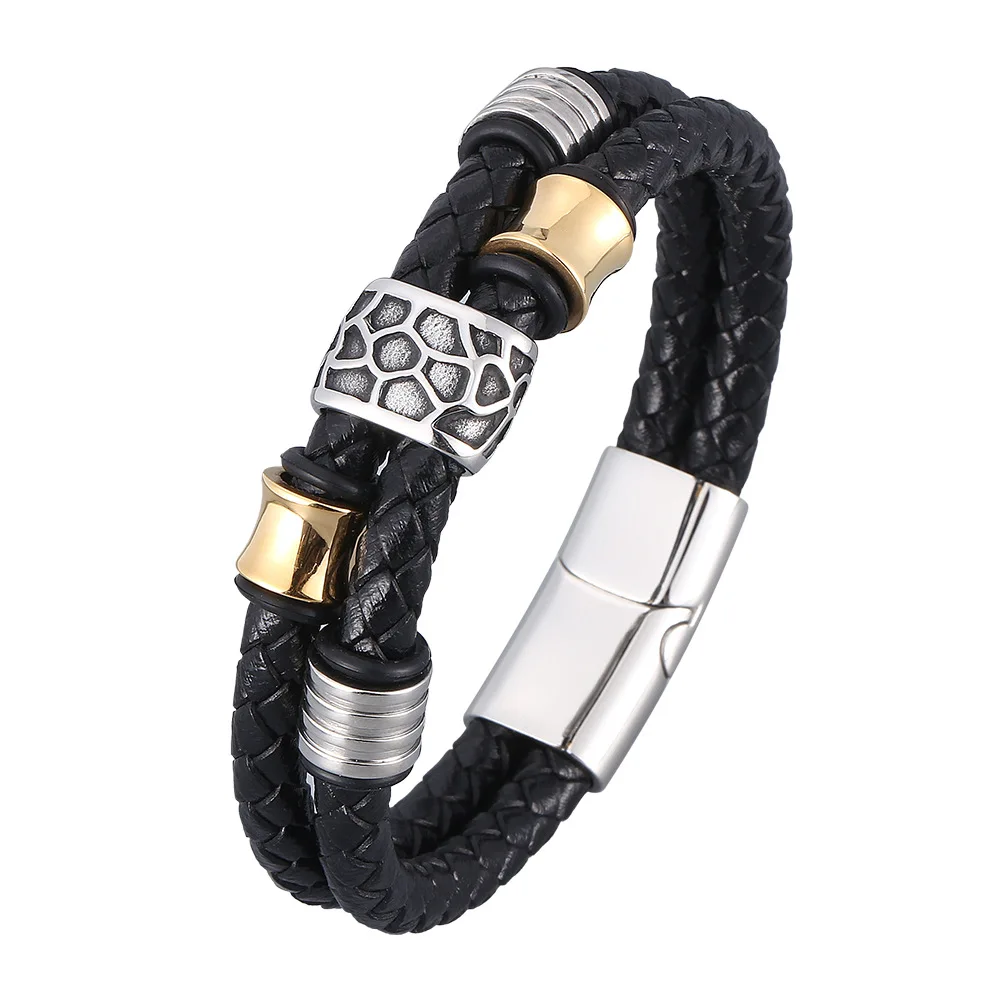 

Delicate Popular Mutilayer Matte Clasp Inox Genuine Leather Mens Bracelets, Black leather, golden/silver/black accessories,customized color