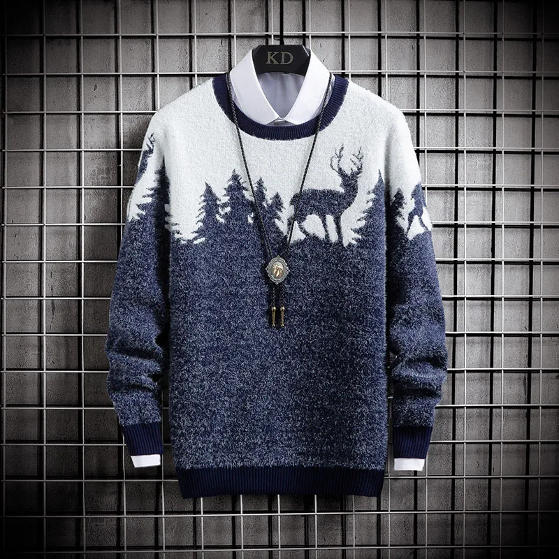 

2020 Autumn Casual Sweater Men Slim Fit Knitted Pullover Mens New Trend Harajuku Sweaters O-Neck Warm Christmas Deer Clothing