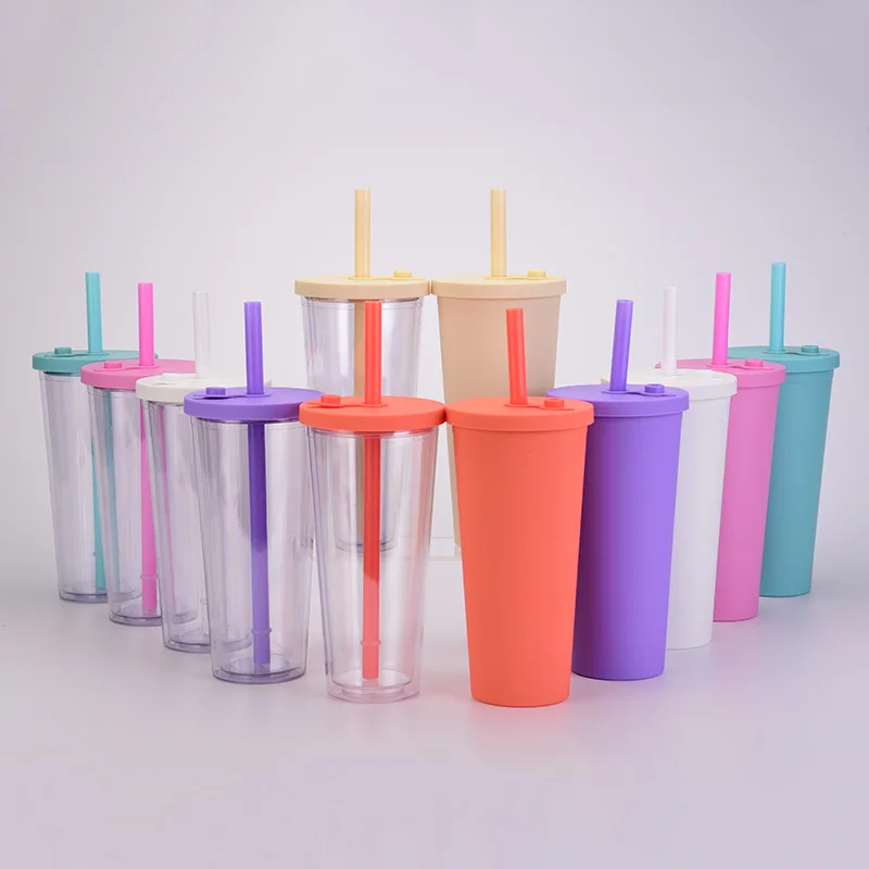 

700ML Transparent Travel Portable Double Wall Plastic Water Tumbler With Straw