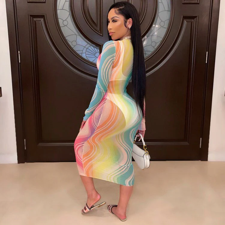 

Fashionable Contrast Color Rainbow Iridescence Colorful Print Ladies See Through Stretch Long Sleeve Midi Dress Women Dresses, Yellow