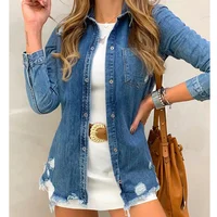 

New Casual Autumn Women Tops Denim Shirt Blouse Buttonhole Ripped Jeans Shirts Female