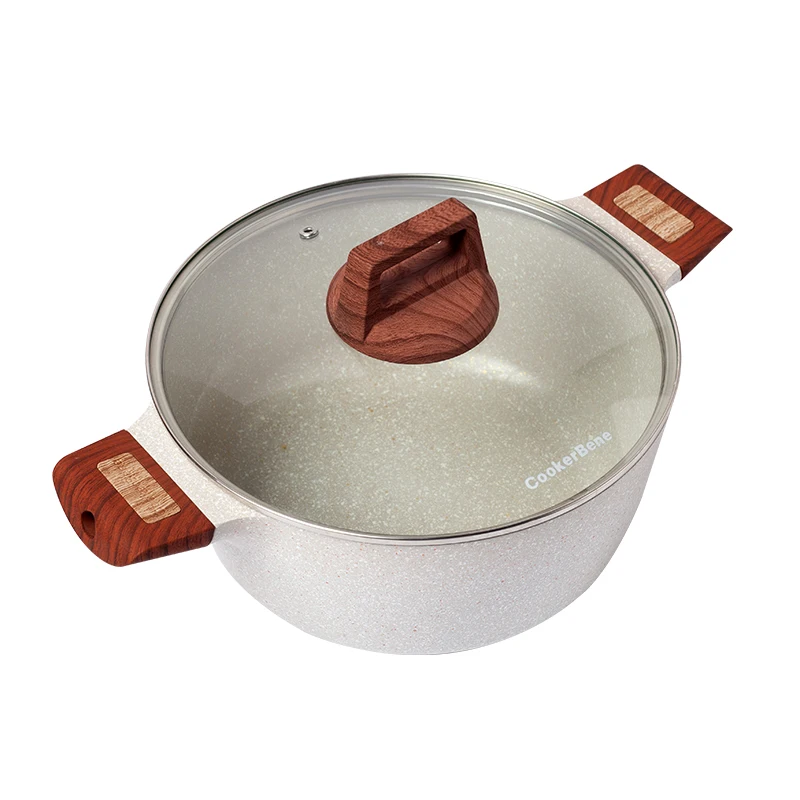 

24cm Anti-scalding Aluminum Alloy Non Stick Deep Frying Pan Induction Hot Pot Soup with Lid, Beige