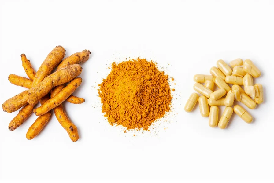 Turmeric root, powder, and capsules showing different forms of turmeric for consumption
