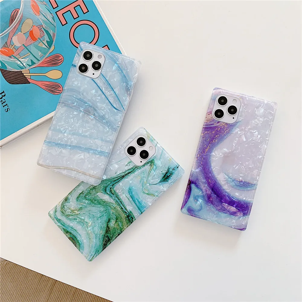 

Square Pearl Marble Phone Bumper for iPhone XS Max Silicone Gel Trunk Box Square Edges Fashion Cases for iPhone 12 Pro, 3 color optional
