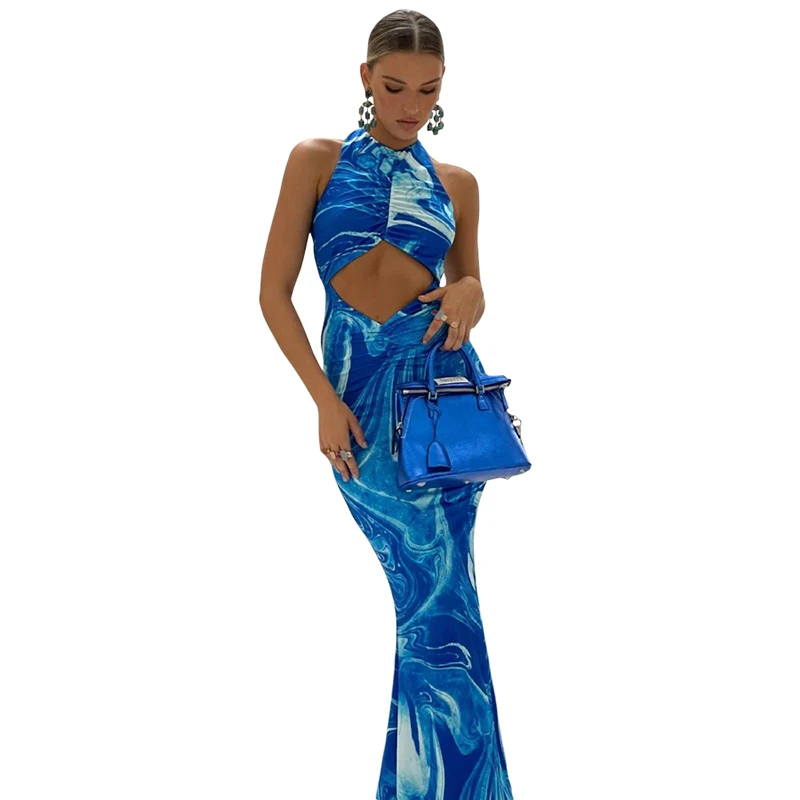 

2021 Summer New Women's Sleeveless Sexy Hollow Halter Open Back Slim Bag Hip Print Dress One Piece Set, Customized color