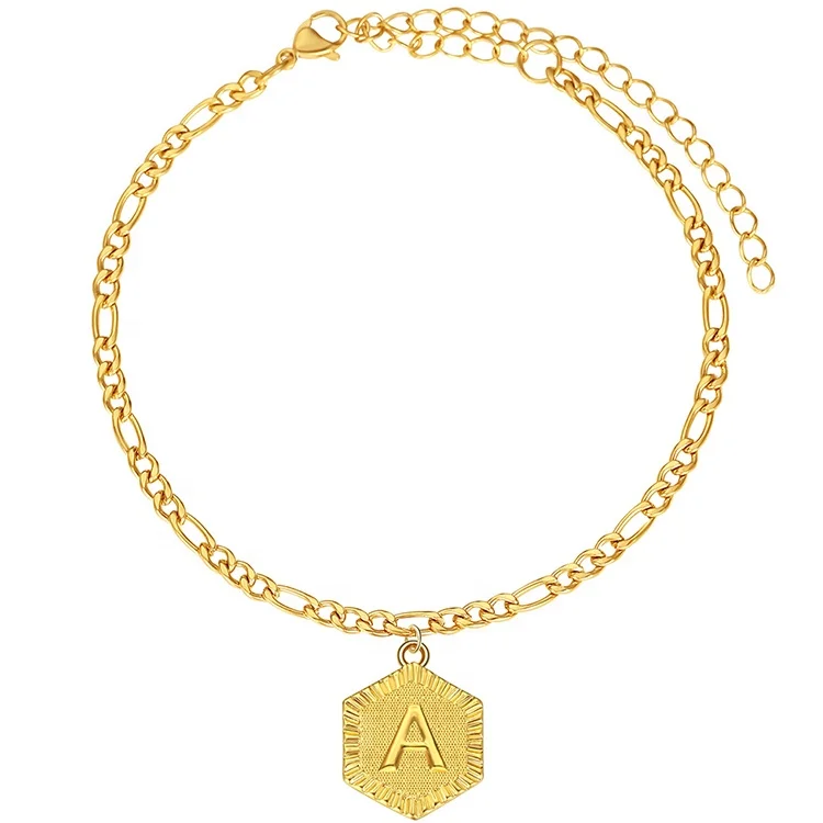 

Fashion 18k Gold Plated Figaro Chain Women Charm Hexagon A-Z Alphabet 26 Letters Stainless Steel Initial Foot Anklet Jewelry