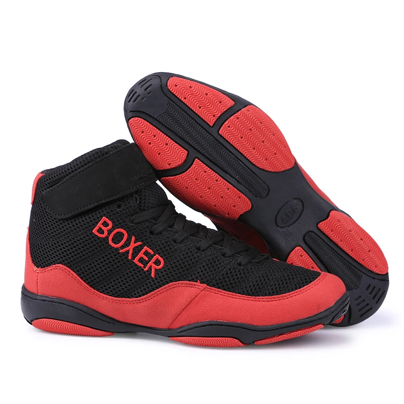 

High Quality PU With Mesh Wrestling Shoes Squat Combat Fight Fitness Gym Training Black Boots Boxing Shoes, Blue, red