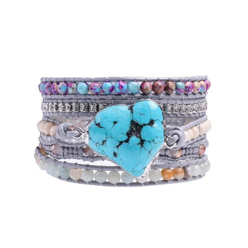 

Turquoise leather bracelet Unique Mixed Charm 5 Strands Wrap Jewelry Women Natural Stones Bracelet Woven bracelet