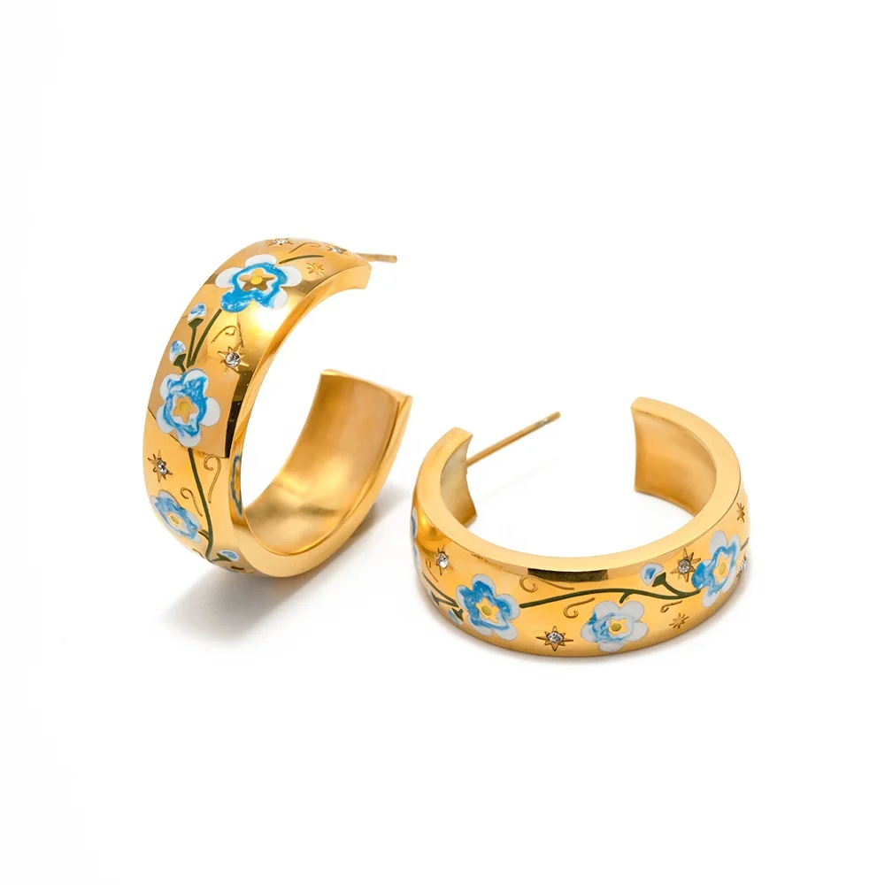 

Spring Enameled Forget-me-nots Flower Dainty Zircon PVD 18K Gold Plated Stainless Steel Hoop Earring