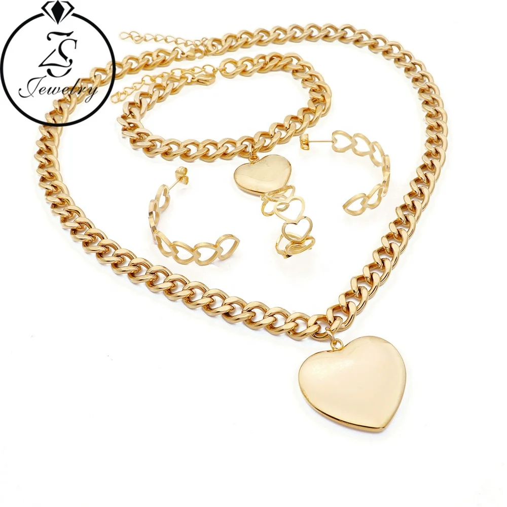 

Gold Heart Jewelry Set Big Jewelry Stainless Steel Gold Plated Ring Bracelet Necklace Set Women African Style