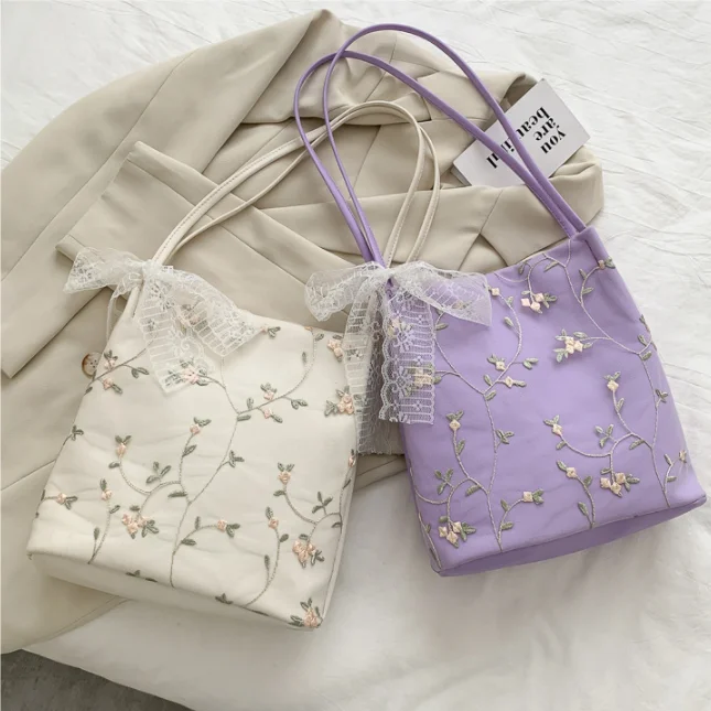 

Mini Shoulder Bags for Women's Female Shopper Niche Designers Handbag Korean Flower Embroidery Bag Small Canvas Tote Bag #1228
