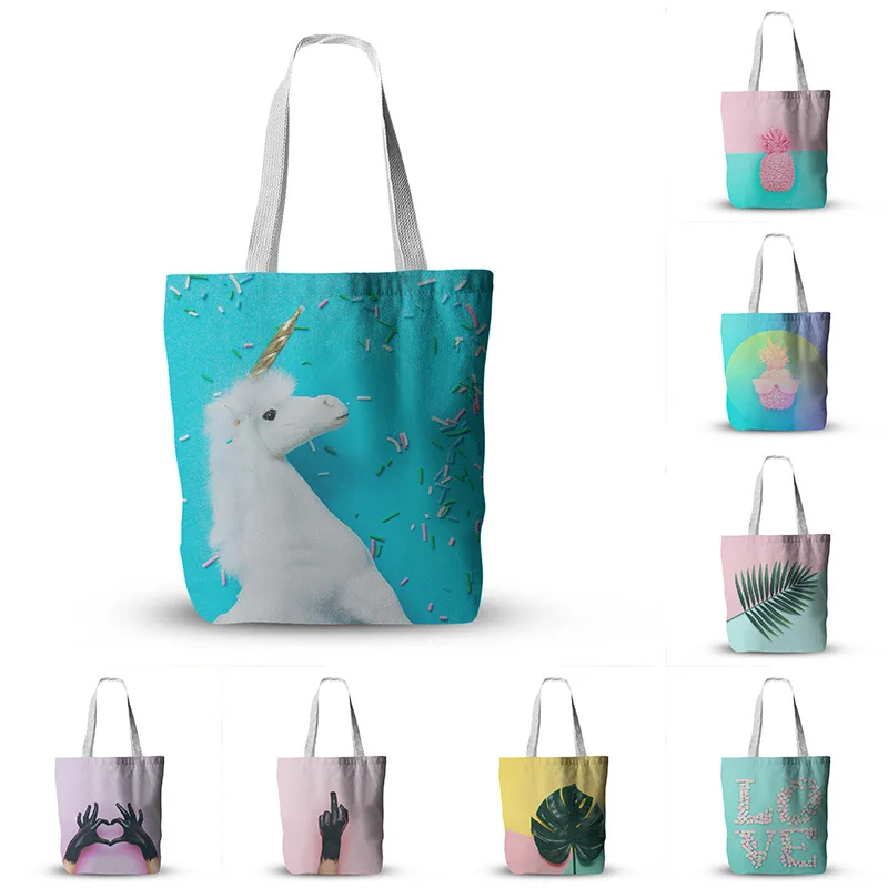 

Women Fashion Reusable Shopping Bag Canvas Tote Bag Art Printing Shoulder Bags, Natural