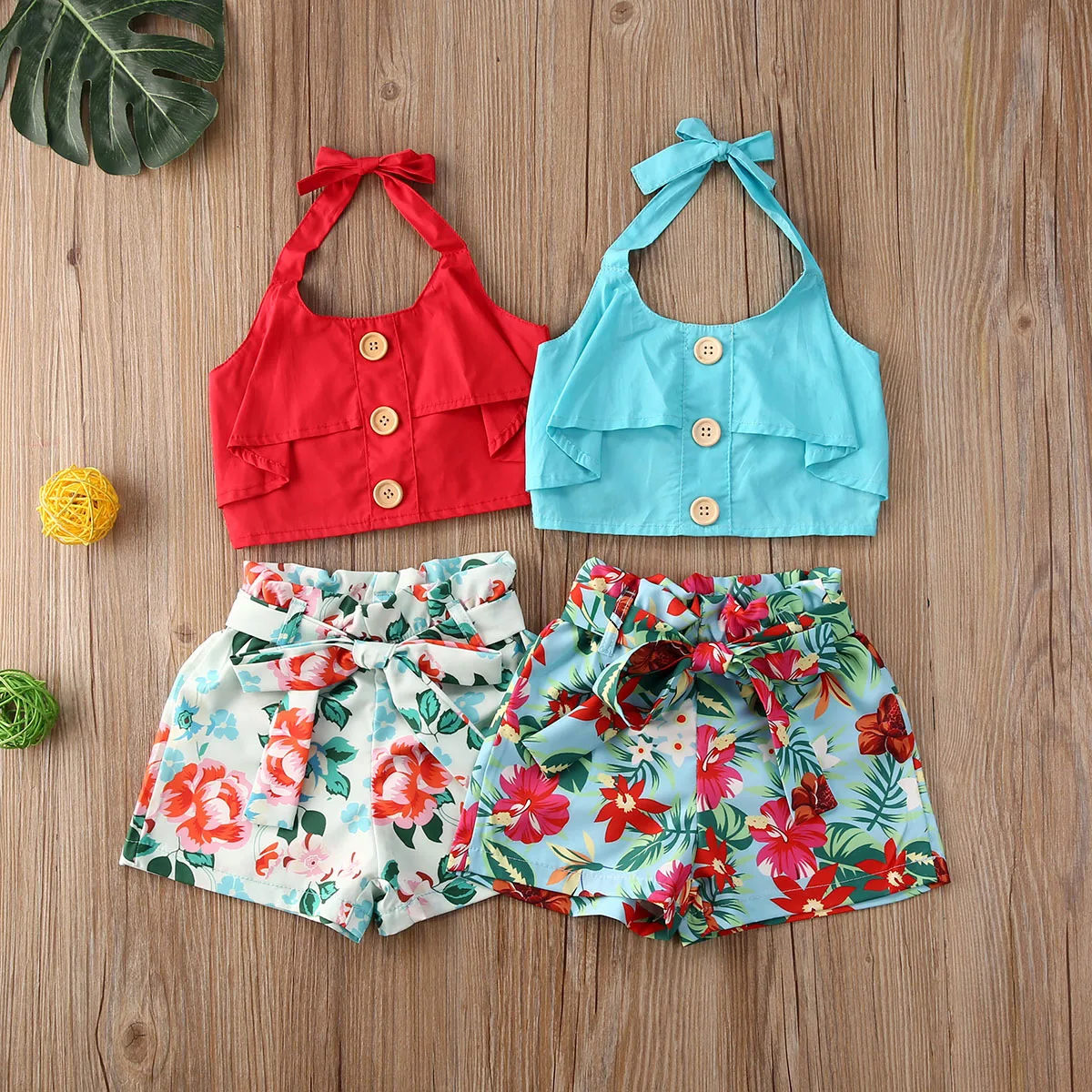

1-6Years Summer Toddler Baby Girls Kids Clothes Ruffle Vest Crop Tops With Floral Printed Bowknot Shorts Set Outfits, As picture