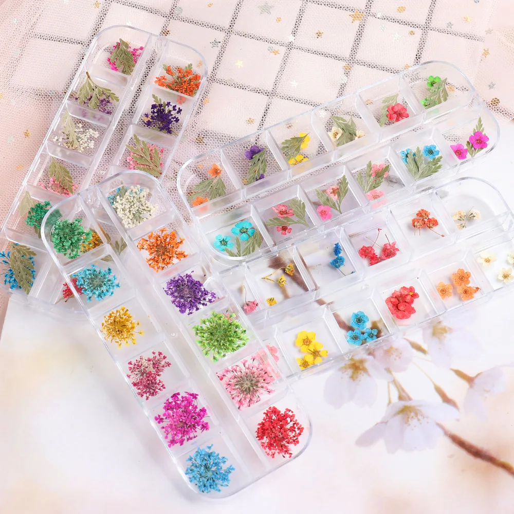 

12 grid Mix Dried Flowers Nail Decorations Jewelry Natural Floral Leaf Stickers 3D Nail Art Designs Polish Accessories, 17 patterns optional