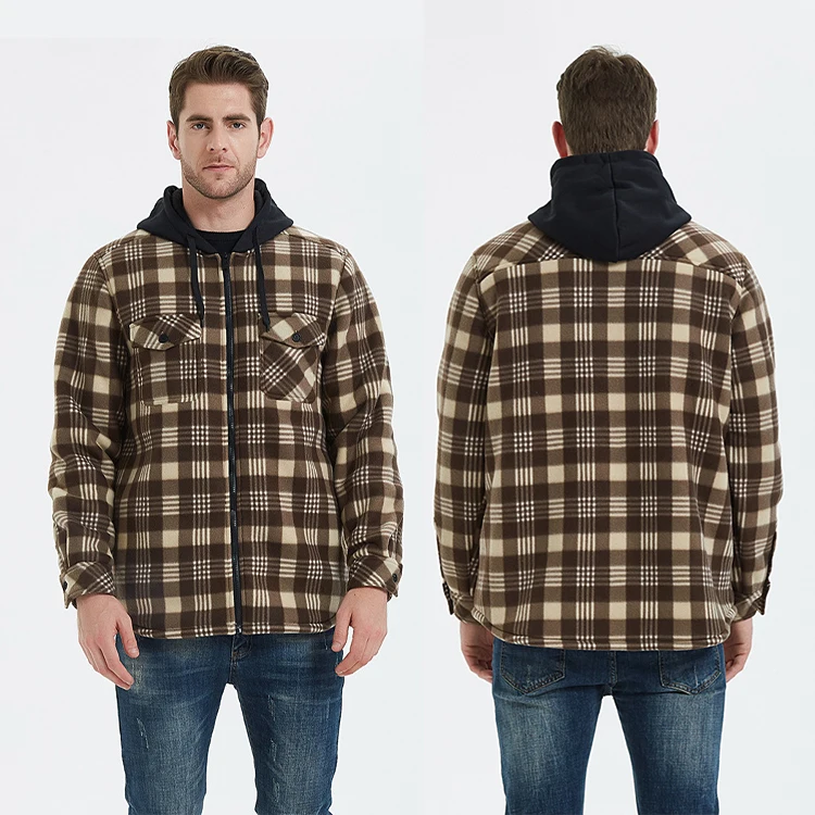 

High quality wholesale men's Camp Night Berber Lined Hooded Flannel Shirt Jacket plus size coat