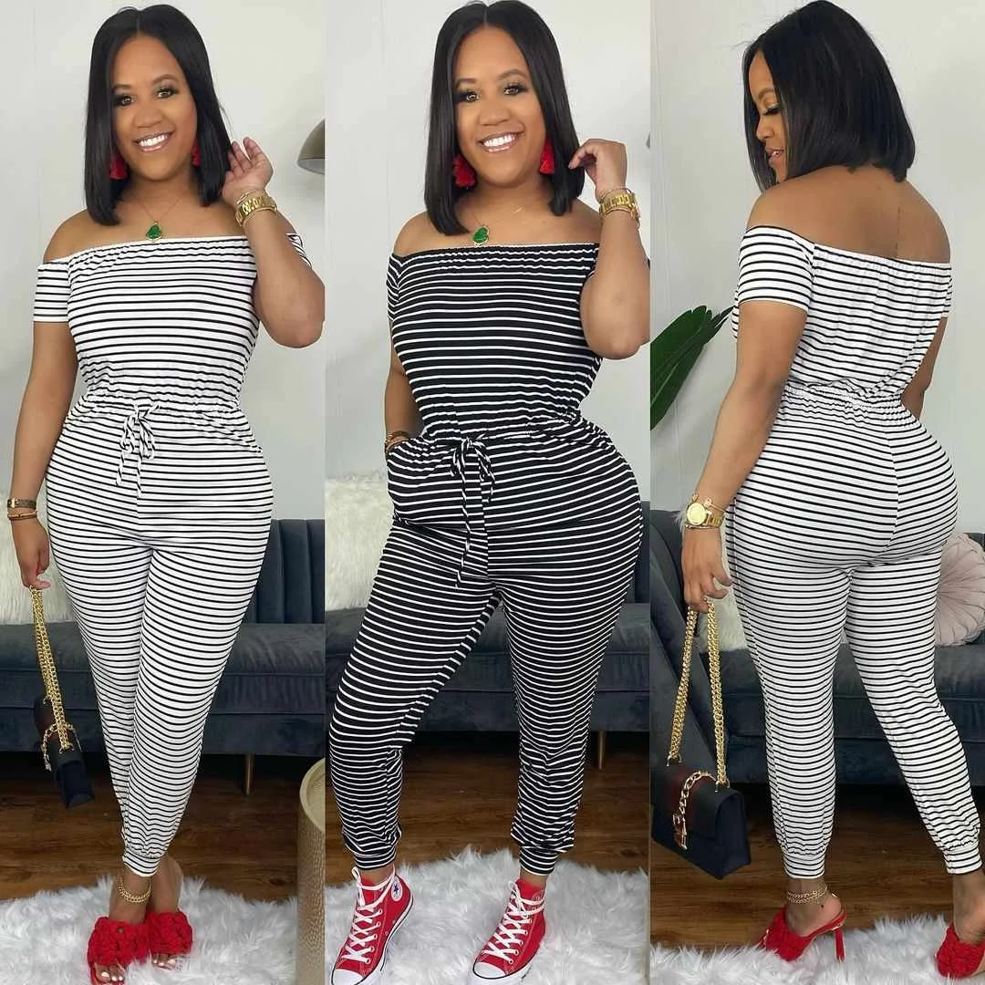 

Trendy women's striped one-shoulder short-sleeved jumpsuit casual wear rompers, Picture