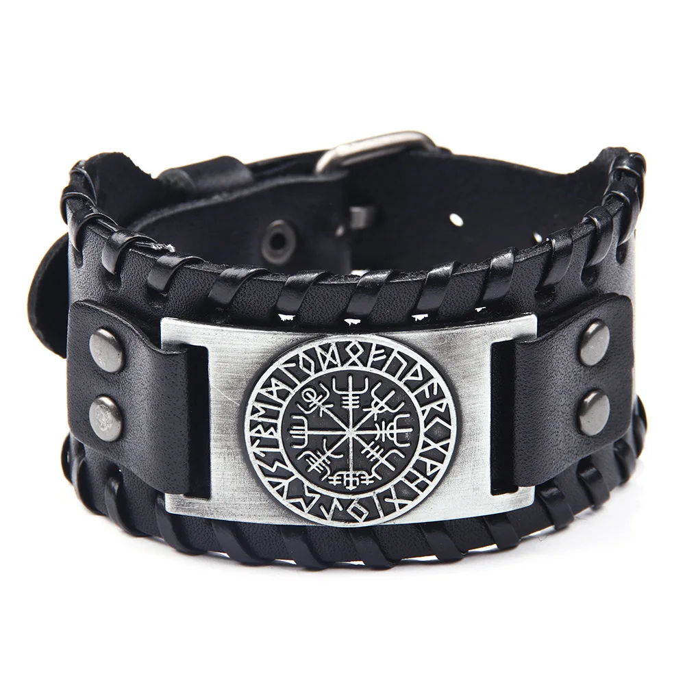 

Hot Selling Viking Pirate Bracelet Vintage Compass Men's Wide Leather Bracelet Dropshipping (KB8436), As picture