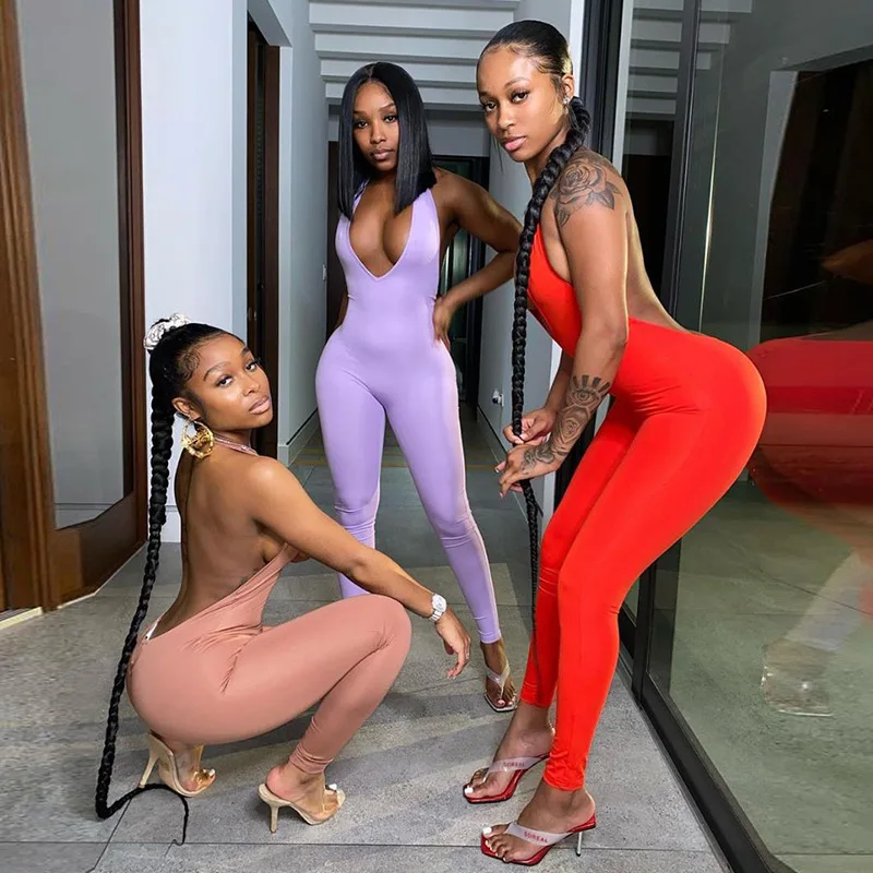 

V-neck sexy solid elastic bodycon fitness casual outfit women comfortable polyester bandage jumpsuit, 5 colors/can mix