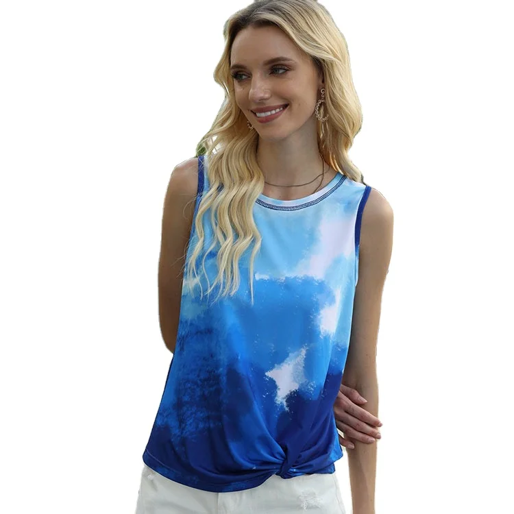 

Women Sky Blue Knotted Hem Tie-Dyed Tunics Tank Tops 2021 Outwear