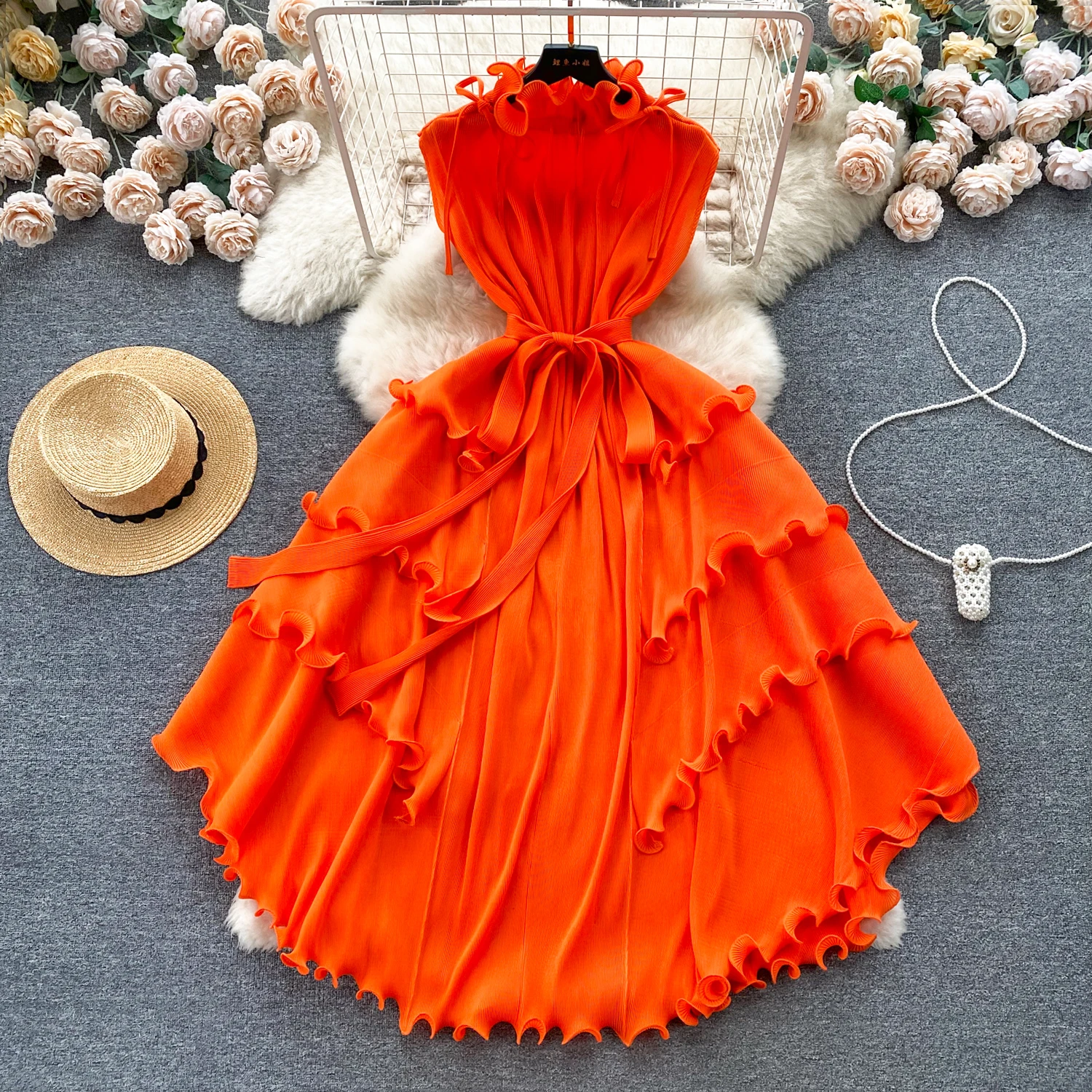 Elegant Chiffon Midi Pleated Dress Lotus Collar