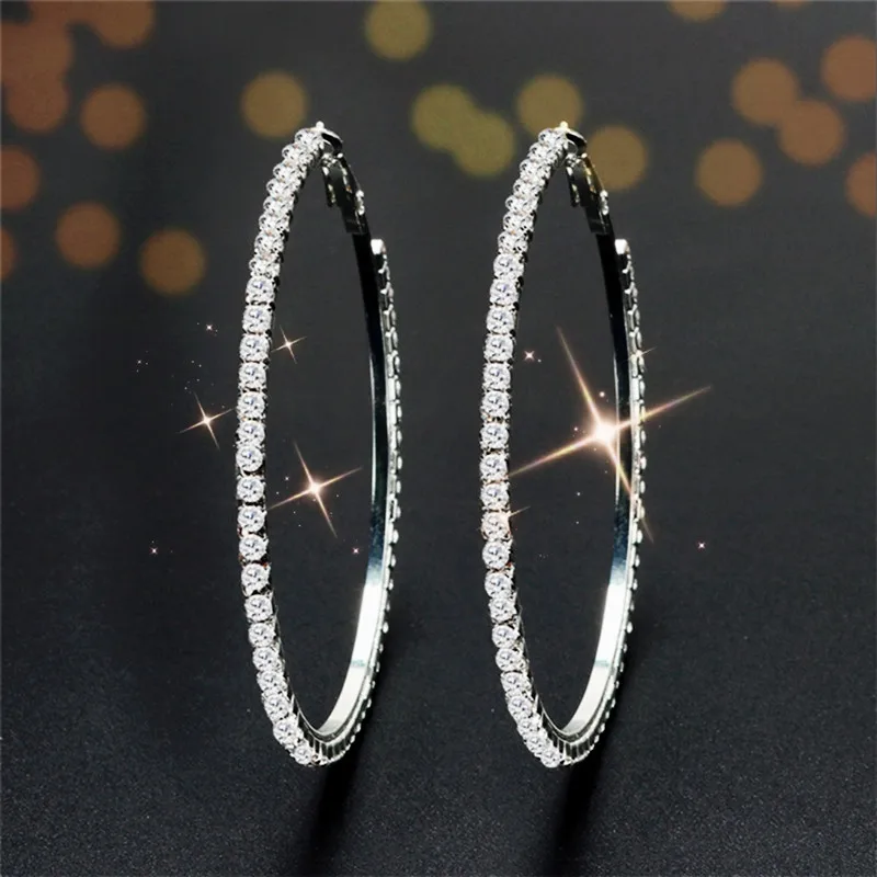 Flynee Jewelry Full Rhinestone Round Bigs Trendy Gold Plated Zircon Statement 60-100 mm  Hoop Earring